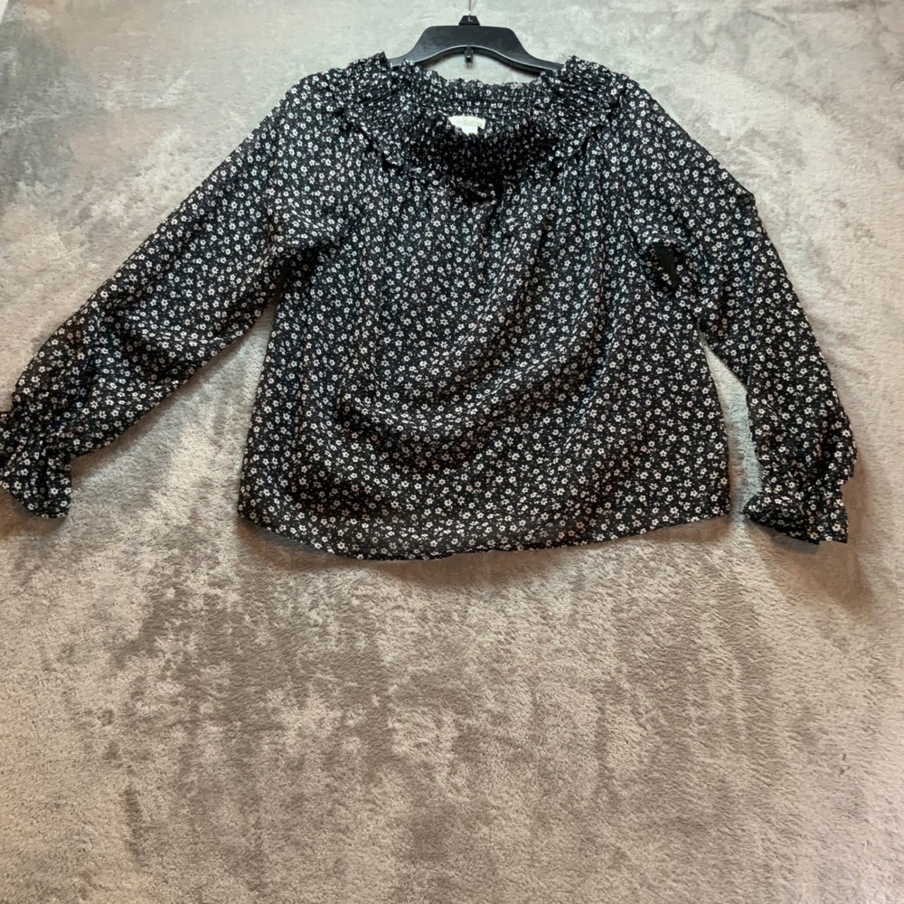 Wild Moss Womens Black Floral Smocked Ruffle Neck Long Sleeve Blouse Large